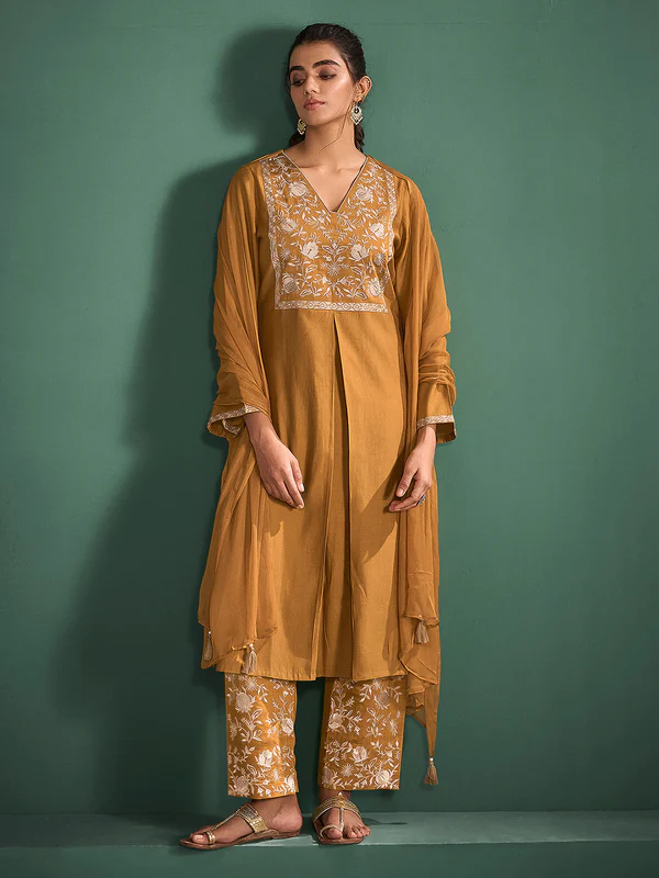Mustard Silk Blend Embroidered A-Line Kurta Set