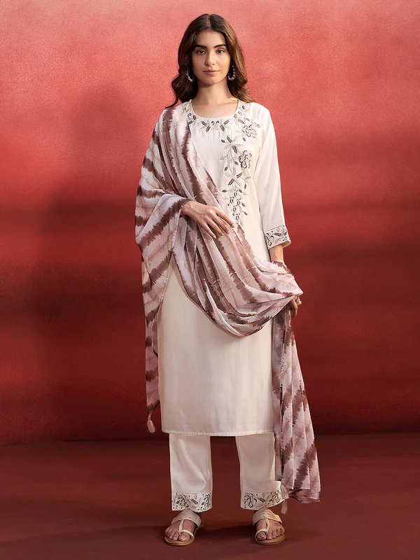 Cream Silk Blend Embroidered Straight Kurta Set